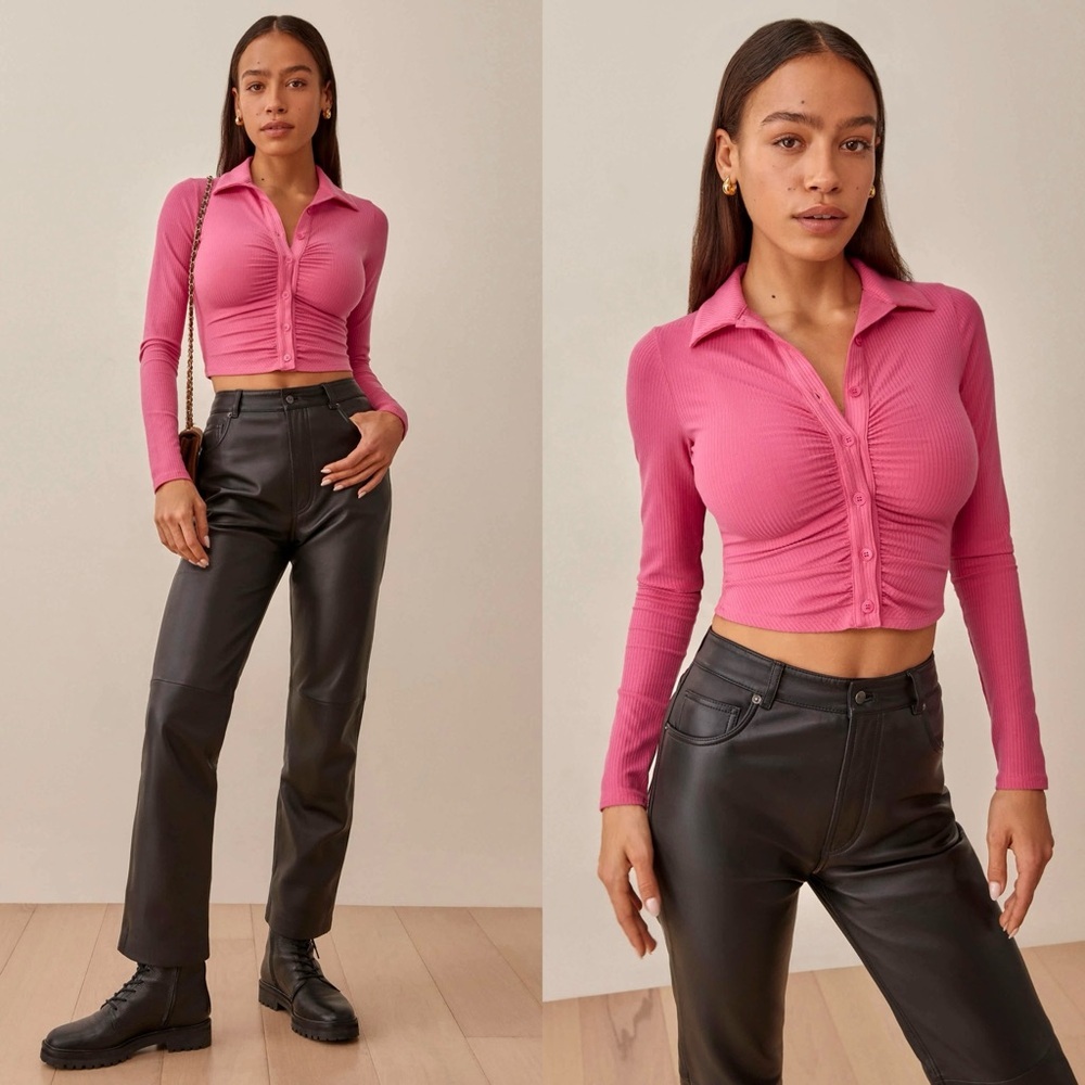 REFORMATION Rib Knit Long Sleeve Ruched Button Front Collared Crop Polo Shirt S